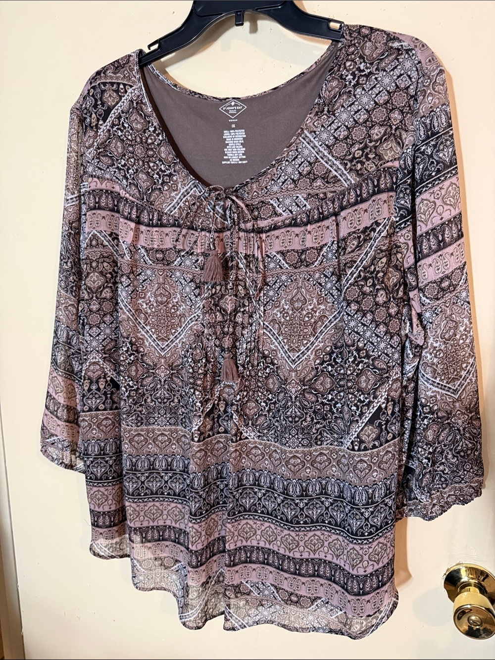 St. John's Bay Pink and Brown Paisley Tie-Front Tunic
